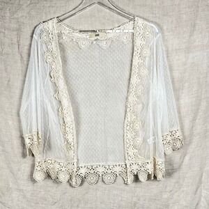 ISSI Lace Trim Mesh Cardigan Women Large Sheer Swiss Dot Open Front White Boho